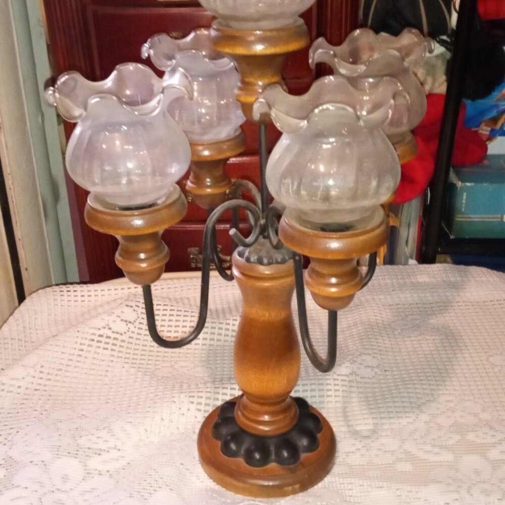 VINTAGE 5 ARM CANDELABRA CANDLE HOLDER WOOD METAL AND GLASS